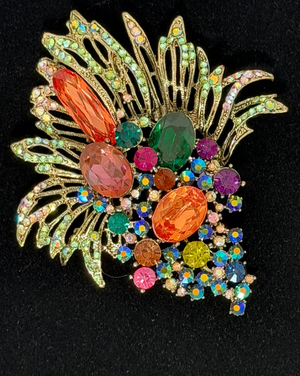 Huge 4x3.5" Unsigned Colorful AB Rhinestone Peacock Statement Brooch Pin Vintage